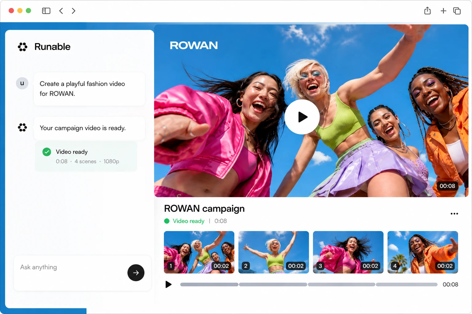 Runable video and AI prompt interface on desktop